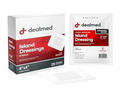 Dealmed Sterile Bordered Gauze Island Dressings – 25 Stück, 4" x 4" Wundauflagen, Einweg, Latexfrei, Kleberänder mit Antihaft-Pads, Wundverband für Erste-Hilfe-Set und medizinische Einrichtungen