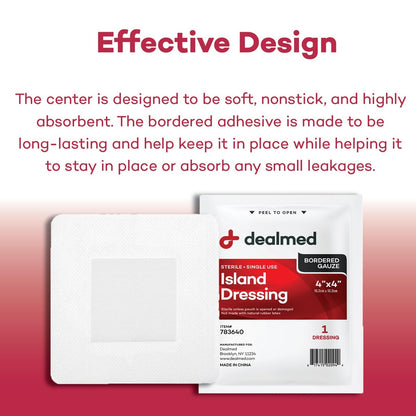 Dealmed Sterile Bordered Gauze Island Dressings – 25 Stück, 4" x 4" Wundauflagen, Einweg, Latexfrei, Kleberänder mit Antihaft-Pads, Wundverband für Erste-Hilfe-Set und medizinische Einrichtungen