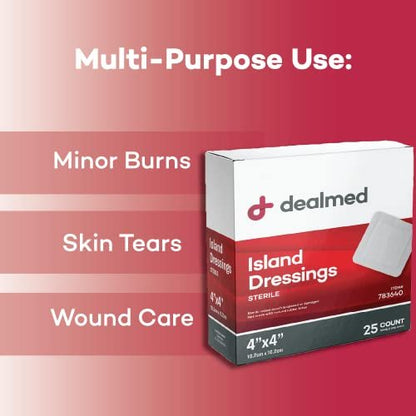 Dealmed Sterile Bordered Gauze Island Dressings – 25 Stück, 4" x 4" Wundauflagen, Einweg, Latexfrei, Kleberänder mit Antihaft-Pads, Wundverband für Erste-Hilfe-Set und medizinische Einrichtungen