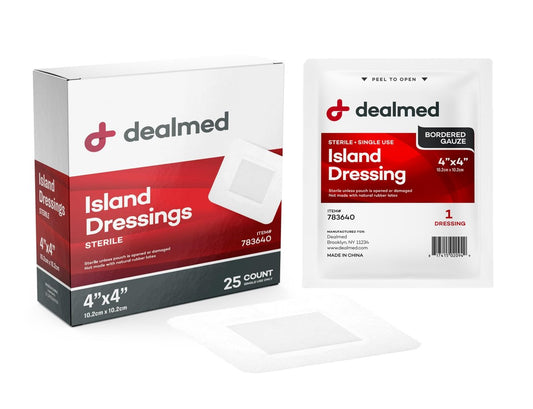 Dealmed Sterile Bordered Gauze Island Dressings – 25 Stück, 4" x 4" Wundauflagen, Einweg, Latexfrei, Kleberänder mit Antihaft-Pads, Wundverband für Erste-Hilfe-Set und medizinische Einrichtungen