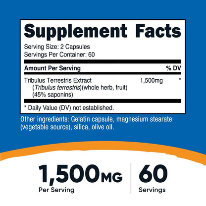 Nutricost Tribulus Terrestris Extrakt 1500mg, 120 Kapseln - 60 Portionen (750mg pro Kapsel), Nicht GVO & Glutenfrei