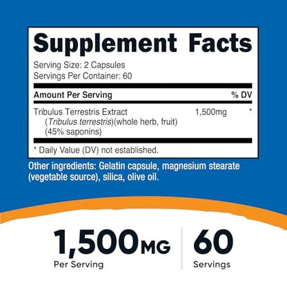 Nutricost Tribulus Terrestris Extrakt 1500mg, 120 Kapseln - 60 Portionen (750mg pro Kapsel), Nicht GVO & Glutenfrei