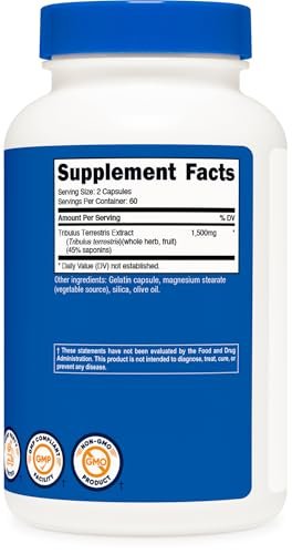 Nutricost Tribulus Terrestris Extrakt 1500mg, 120 Kapseln - 60 Portionen (750mg pro Kapsel), Nicht GVO & Glutenfrei