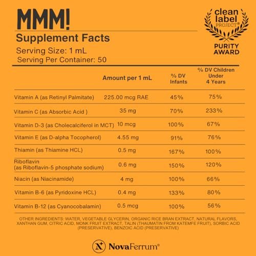 NovaFerrum MMM Multivitamin für Kinder, Kleinkinder und Babys | Vitamin C, D3, E | Glutenfrei zertifiziert | Zuckerfrei | Ohne künstliche Farbstoffe | Altersgruppe 0–4 Jahre | Orangengeschmack | 50 ml