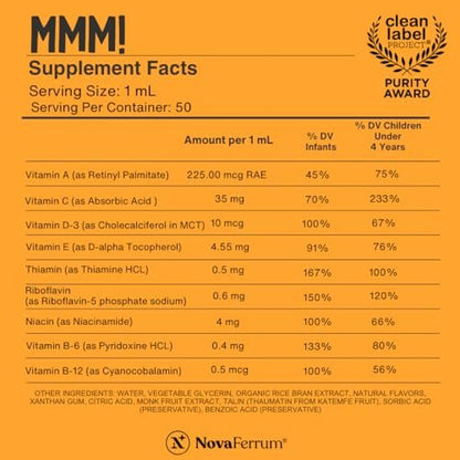 NovaFerrum MMM Multivitamin für Kinder, Kleinkinder und Babys | Vitamin C, D3, E | Glutenfrei zertifiziert | Zuckerfrei | Ohne künstliche Farbstoffe | Altersgruppe 0–4 Jahre | Orangengeschmack | 50 ml