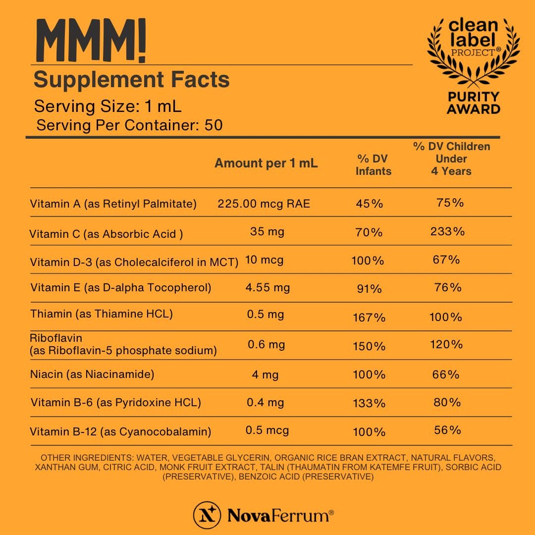 NovaFerrum MMM Multivitamin für Kinder, Kleinkinder und Babys | Vitamin C, D3, E | Glutenfrei zertifiziert | Zuckerfrei | Ohne künstliche Farbstoffe | Altersgruppe 0–4 Jahre | Orangengeschmack | 50 ml