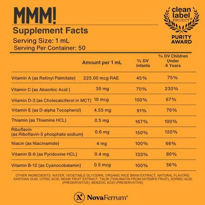 NovaFerrum MMM Multivitamin für Kinder, Kleinkinder und Babys | Vitamin C, D3, E | Glutenfrei zertifiziert | Zuckerfrei | Ohne künstliche Farbstoffe | Altersgruppe 0–4 Jahre | Orangengeschmack | 50 ml