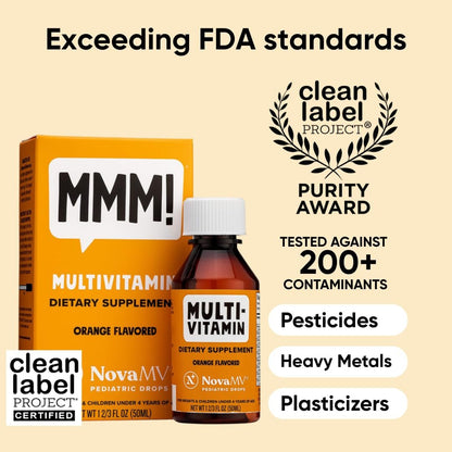 NovaFerrum MMM Multivitamin für Kinder, Kleinkinder und Babys | Vitamin C, D3, E | Glutenfrei zertifiziert | Zuckerfrei | Ohne künstliche Farbstoffe | Altersgruppe 0–4 Jahre | Orangengeschmack | 50 ml