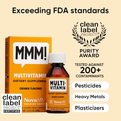 NovaFerrum MMM Multivitamin für Kinder, Kleinkinder und Babys | Vitamin C, D3, E | Glutenfrei zertifiziert | Zuckerfrei | Ohne künstliche Farbstoffe | Altersgruppe 0–4 Jahre | Orangengeschmack | 50 ml