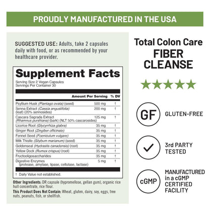 NatureWise Total Colon Care Fiber Cleanse – Natürliche Abführkräutermischung mit Präbiotika & Enzymen – 60 Kapseln (30 Tage Versorgung)