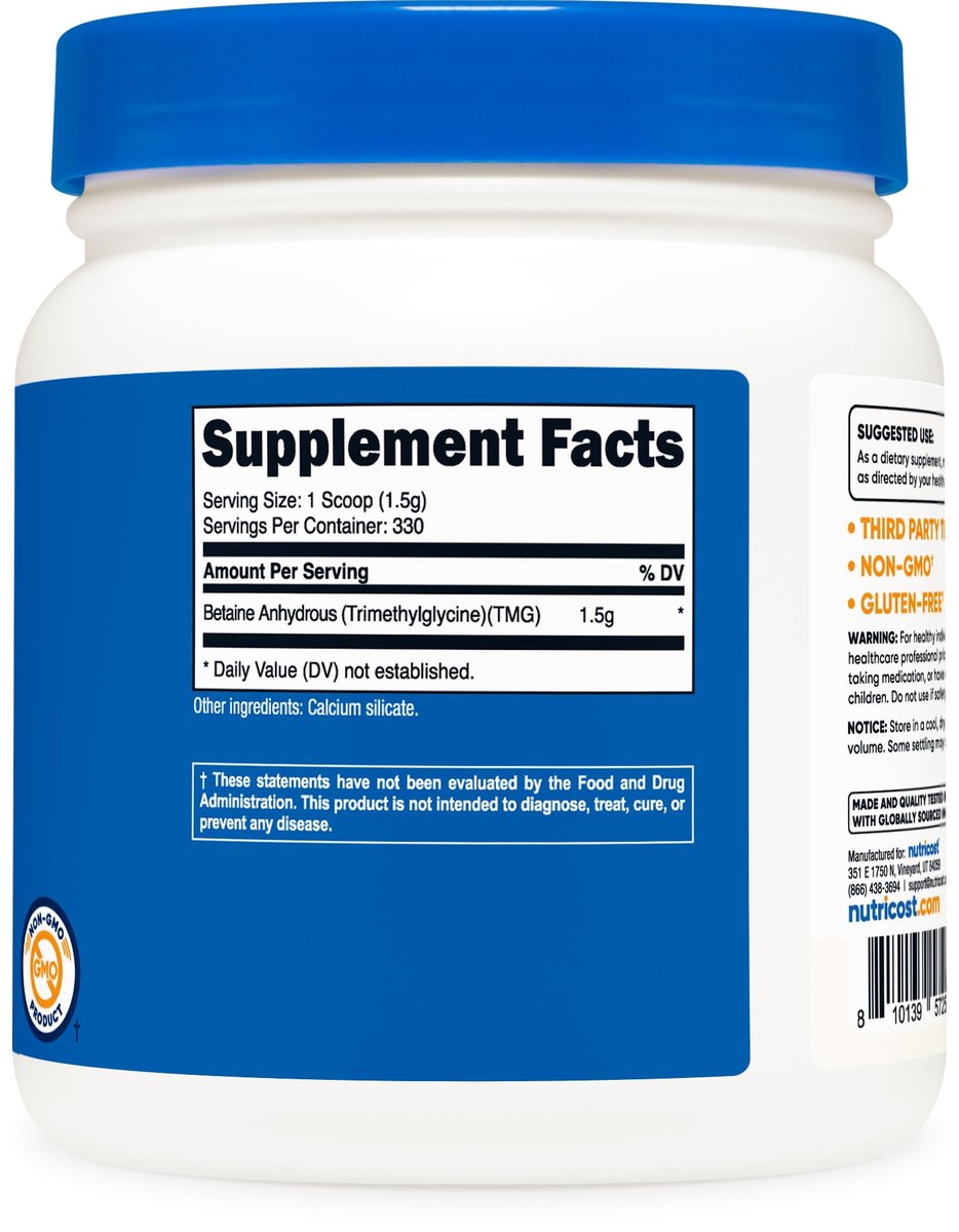Nutricost Betain-Anhydrat Trimethylglycin (TMG) Pulver 500 g – Hochreines Nahrungsergänzungsmittel
