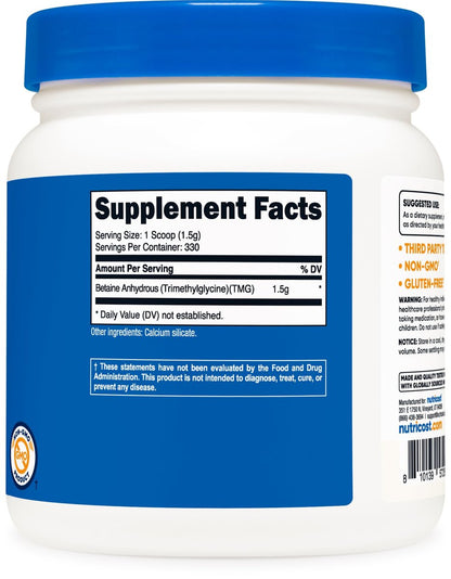 Nutricost Betain-Anhydrat Trimethylglycin (TMG) Pulver 500 g – Hochreines Nahrungsergänzungsmittel