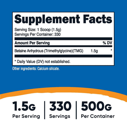 Nutricost Betain-Anhydrat Trimethylglycin (TMG) Pulver 500 g – Hochreines Nahrungsergänzungsmittel