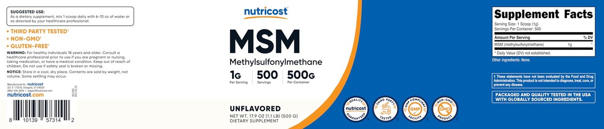Nutricost Reines MSM-Pulver 500 g – Methylsulfonylmethan, hochrein, laborgeprüft