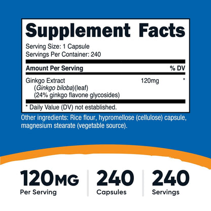 Nutricost Ginkgo Biloba 120mg, 240 Kapseln – Hochdosierter Ginkgo-Biloba-Extrakt, glutenfrei & nicht genetisch verändert