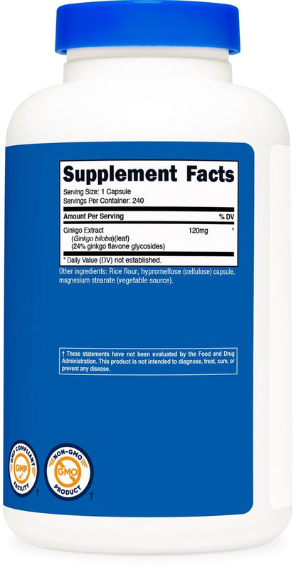 Nutricost Ginkgo Biloba 120mg, 240 Kapseln – Hochdosierter Ginkgo-Biloba-Extrakt, glutenfrei & nicht genetisch verändert