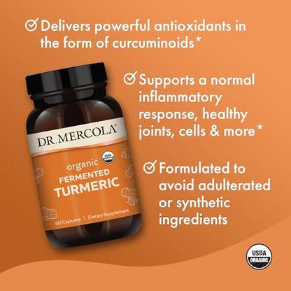 Dr. Mercola Bio-Fermentiertes Kurkuma – 370 mg fermentiertes Kurkuma mit hochbioverfügbaren Curcuminoiden – USDA Bio, Nicht-GVO, Glutenfrei & Sojafrei – 60 Kapseln (30 Portionen)