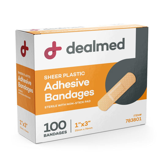 Dealmed Transparente Kunststoff Pflaster – 100 Stück (1 Pack) mit saugfähigem, nicht haftendem Pad, Latexfrei, Wundversorgung für Erste-Hilfe-Set, 2,5 cm x 7,6 cm