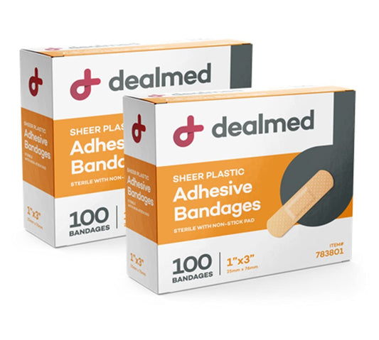 Dealmed Sheer Plastic Flexible Adhesive Bandagen – 100 Stück (2er-Pack) mit saugfähigem Pad, latexfrei, Wundversorgung für Erste-Hilfe-Set, 1" x 3"