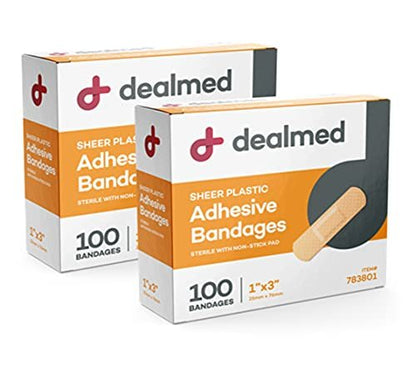 Dealmed Sheer Plastic Flexible Adhesive Bandagen – 100 Stück (2er-Pack) mit saugfähigem Pad, latexfrei, Wundversorgung für Erste-Hilfe-Set, 1" x 3"
