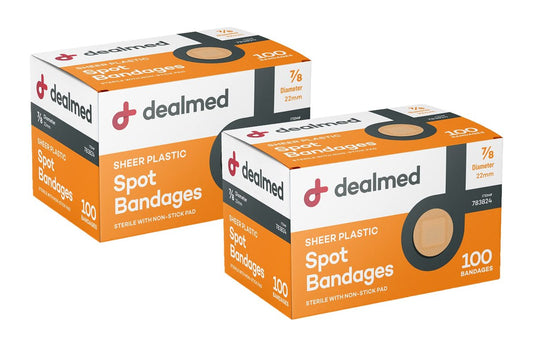 Dealmed Sheer Plastik-Pflaster Spot – 7/8” Kleine runde sterile Streifen, Klebende Außenschicht mit nicht haftendem Pad, Latexfrei, Wundversorgung für Erste-Hilfe-Kasten, 100 pro Box (2er-Pack)