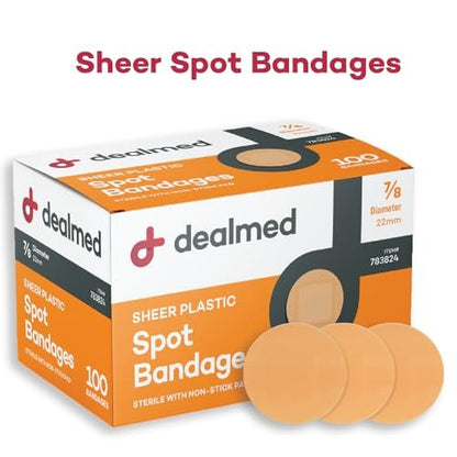 Dealmed Sheer Plastik-Pflaster Spot – 7/8” Kleine runde sterile Streifen, Klebende Außenschicht mit nicht haftendem Pad, Latexfrei, Wundversorgung für Erste-Hilfe-Kasten, 100 pro Box (2er-Pack)