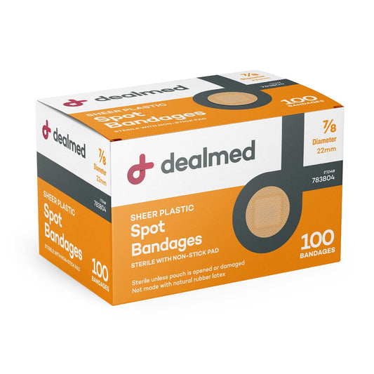 Dealmed Sheer Plastik-Pflaster Spot – 7/8 Zoll kleine runde sterile Streifen, Kleberücken mit nicht haftendem Pad, Latexfrei, Wundversorgung für Erste-Hilfe-Set, 100 pro Box (1 Pack)