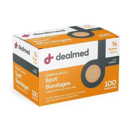 Dealmed Sheer Plastik-Pflaster Spot – 7/8 Zoll kleine runde sterile Streifen, Kleberücken mit nicht haftendem Pad, Latexfrei, Wundversorgung für Erste-Hilfe-Set, 100 pro Box (1 Pack)