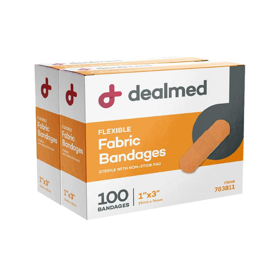 Dealmed Sterile Flexible Fabric Adhesive Bandages – 1x3 Zoll – 100 Stück/Box - 2 Boxen – Atmungsaktive Erste-Hilfe-Streifen – Dehnbare Wundauflage für medizinische Zwecke, Notfallkits & Kliniken
