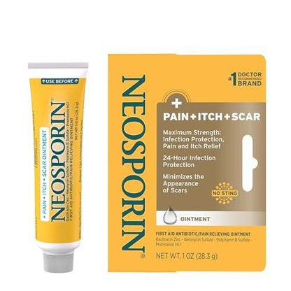 Neosporin + Schmerz, Juckreiz & Narben, Erste Hilfe Triple Antibiotika Salbe für Infektionsschutz und Wundpflege mit maximaler Schmerz- und Juckreizlinderung, hilft das Erscheinungsbild von Narben zu minimieren, 28 g