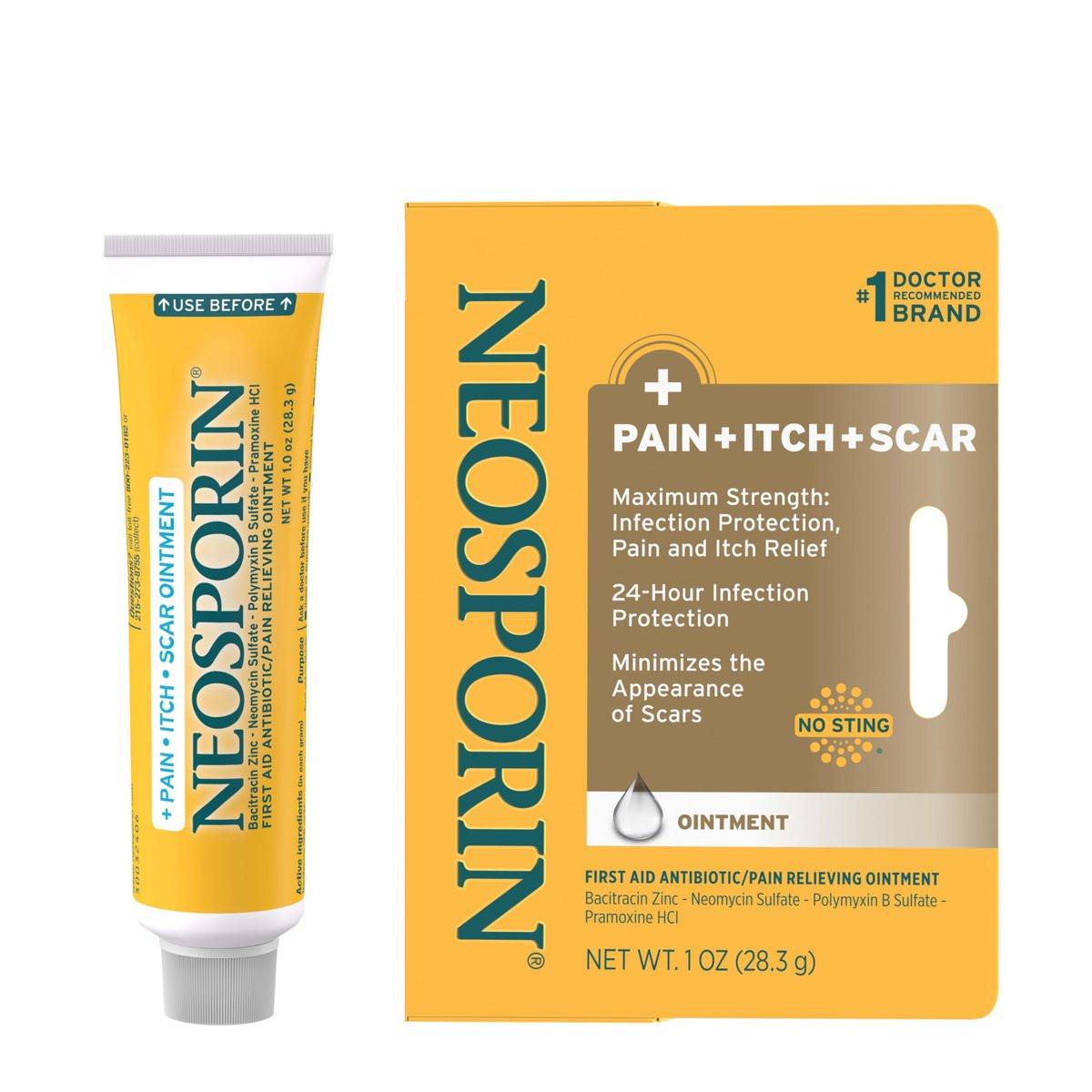 Neosporin + Schmerz, Juckreiz & Narben, Erste Hilfe Triple Antibiotika Salbe für Infektionsschutz und Wundpflege mit maximaler Schmerz- und Juckreizlinderung, hilft das Erscheinungsbild von Narben zu minimieren, 28 g