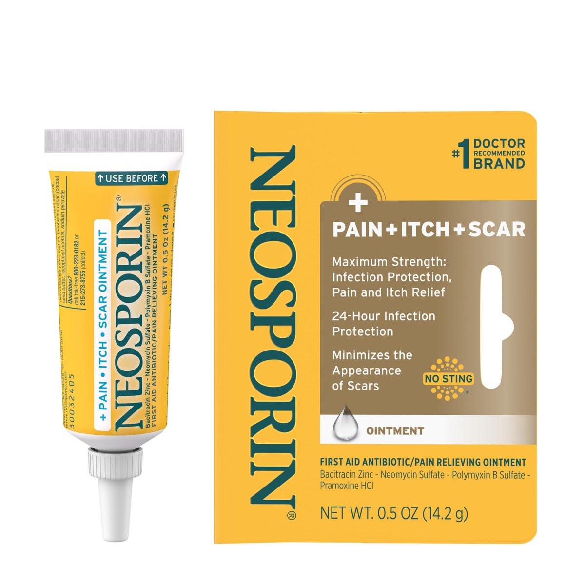 Neosporin + Schmerz, Juckreiz & Narben, Erste-Hilfe-Dreifach-Antibiotikum-Salbe für Infektionsschutz und Wundversorgung mit maximaler Schmerz- und Juckreizlinderung, hilft, das Erscheinungsbild von Narben zu minimieren, 0,5 Unzen