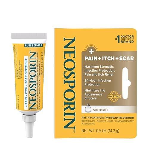 Neosporin + Schmerz, Juckreiz & Narben, Erste-Hilfe-Dreifach-Antibiotikum-Salbe für Infektionsschutz und Wundversorgung mit maximaler Schmerz- und Juckreizlinderung, hilft, das Erscheinungsbild von Narben zu minimieren, 0,5 Unzen