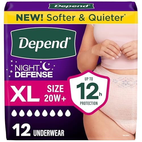Depend Night Defense Windeln für Erwachsene, Inkontinenz & postpartale Blasenlecks Unterwäsche für Frauen, Einweg, über Nacht, XL, Blush, 12 Stück, Verpackung kann variieren