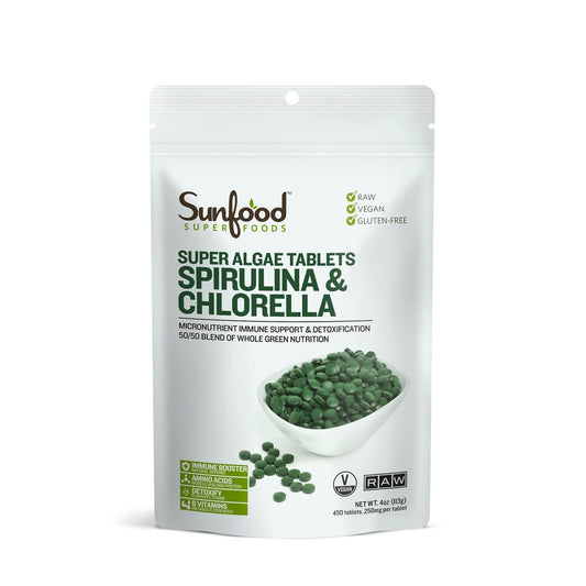 Sunfood Superfoods Chlorella Spirulina Tabletten - Grünalgen Tabletten für Frauen & Männer, Quelle für Chlorophyll, B-Vitamine und Protein, gebrochene Zellwand, vegan - 113 g Beutel