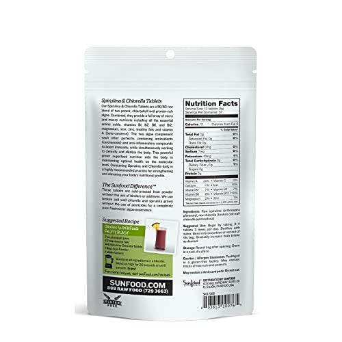 Sunfood Superfoods Chlorella Spirulina Tabletten - Grünalgen Tabletten für Frauen & Männer, Quelle für Chlorophyll, B-Vitamine und Protein, gebrochene Zellwand, vegan - 113 g Beutel