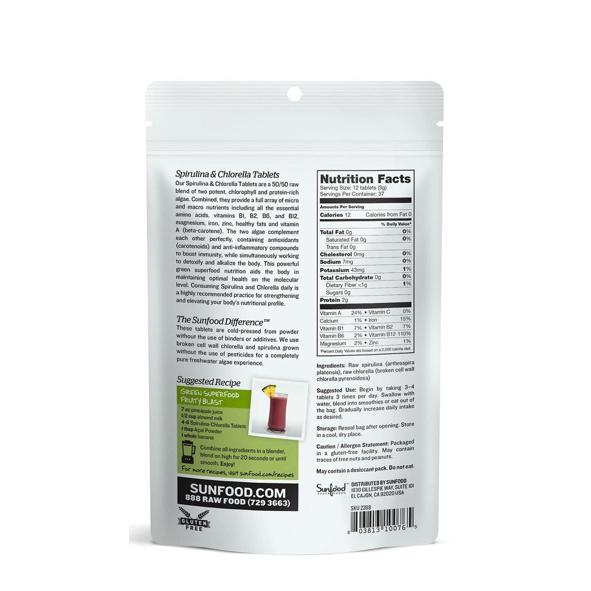 Sunfood Superfoods Chlorella Spirulina Tabletten - Grünalgen Tabletten für Frauen & Männer, Quelle für Chlorophyll, B-Vitamine und Protein, gebrochene Zellwand, vegan - 113 g Beutel
