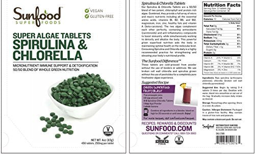 Sunfood Superfoods Chlorella Spirulina Tabletten - Grünalgen Tabletten für Frauen & Männer, Quelle für Chlorophyll, B-Vitamine und Protein, gebrochene Zellwand, vegan - 113 g Beutel
