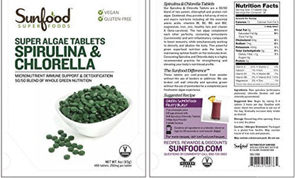 Sunfood Superfoods Chlorella Spirulina Tabletten - Grünalgen Tabletten für Frauen & Männer, Quelle für Chlorophyll, B-Vitamine und Protein, gebrochene Zellwand, vegan - 113 g Beutel