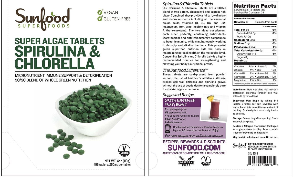 Sunfood Superfoods Chlorella Spirulina Tabletten - Grünalgen Tabletten für Frauen & Männer, Quelle für Chlorophyll, B-Vitamine und Protein, gebrochene Zellwand, vegan - 113 g Beutel