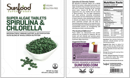 Sunfood Superfoods Chlorella Spirulina Tabletten - Grünalgen Tabletten für Frauen & Männer, Quelle für Chlorophyll, B-Vitamine und Protein, gebrochene Zellwand, vegan - 113 g Beutel