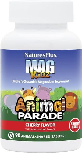 NaturesPlus Animal Parade Source of Life Zuckerfrei MagKidz Magnesium für Kinder - Natürlicher Kirschgeschmack - 90 Tabletten - Knochen- und Muskelunterstützung - Glutenfrei