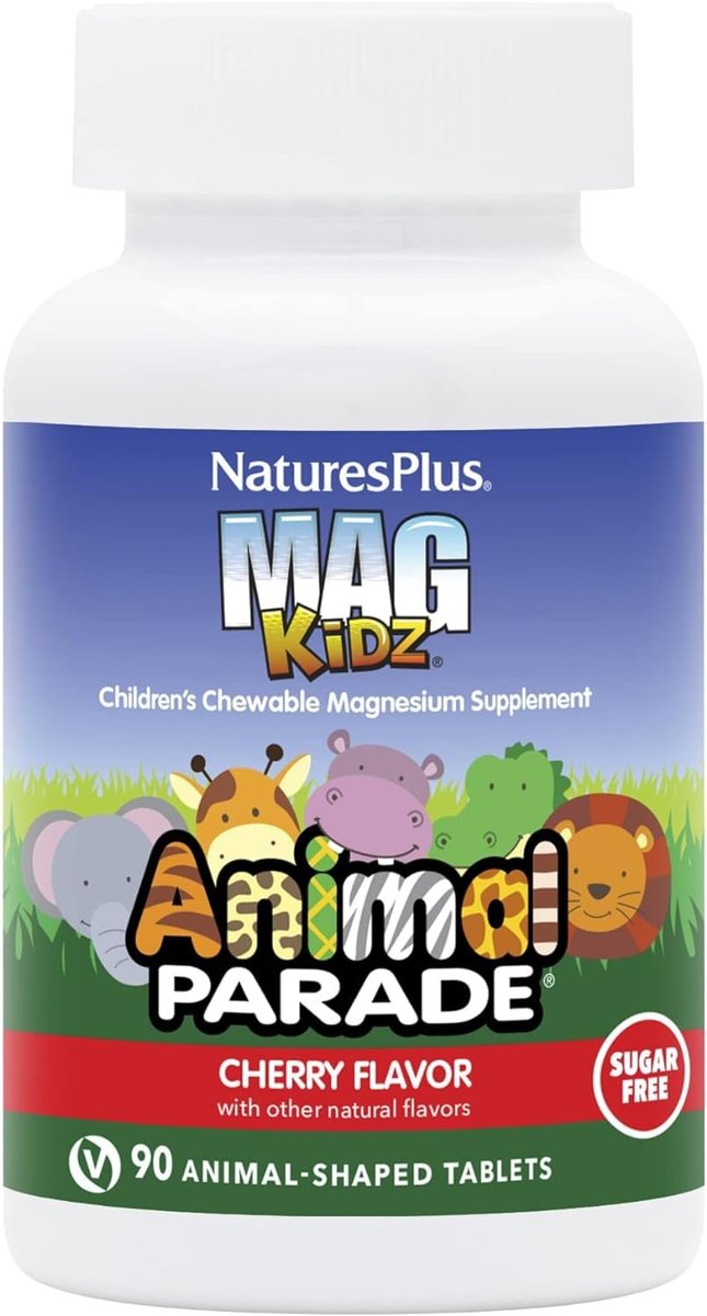 NaturesPlus Animal Parade Source of Life Zuckerfrei MagKidz Magnesium für Kinder - Natürlicher Kirschgeschmack - 90 Tabletten - Knochen- und Muskelunterstützung - Glutenfrei