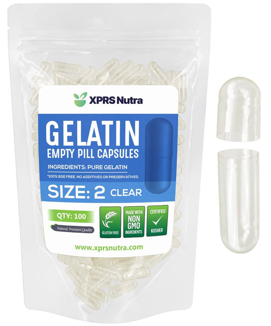 XPRS Nutra Größe 2 Leere Kapseln - 100 Stück Klare leere Gelatinekapseln - Kapseln zum Selberbefüllen - Reine Rinder-Gel-Kapseln für DIY-Ergänzungsmittel