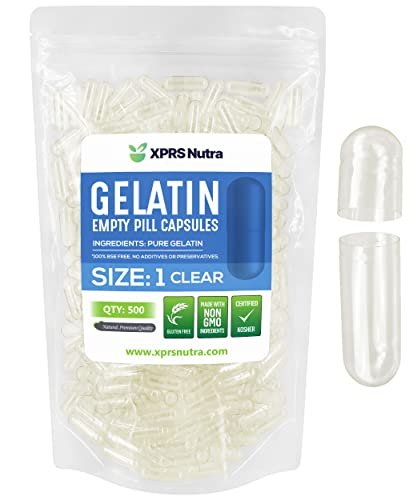 XPRS Nutra Größe 1 Leere Kapseln - 500 Stück Leere Gelatinekapseln - Kapseln zum DIY Befüllen - Reine Rindergelatinekapseln für selbstgemachte Nahrungsergänzungsmittel (klar)