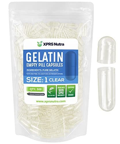 XPRS Nutra Größe 1 Leere Kapseln - 500 Stück Leere Gelatinekapseln - Kapseln zum DIY Befüllen - Reine Rindergelatinekapseln für selbstgemachte Nahrungsergänzungsmittel (klar)
