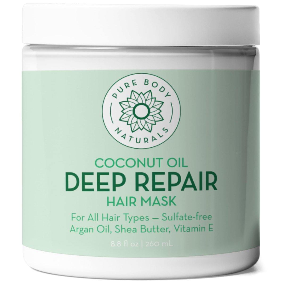 Pure Body Naturals Kokosöl Haarmaske – Tiefenwirksame Haarkur für trockenes, geschädigtes und coloriertes Haar, sulfatfreier Haarkonditionierer, Feuchtigkeitsspende & Reparatur, 8,8 Fl Oz