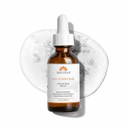 Skin Deva 20% Vitamin C Serum Anti-Aging mit Hyaluronsäure & Vitamin E Ferulasäure – Aufhellende Formel zur Verbesserung des Erscheinungsbilds von dunklen Flecken, feinen Linien & Falten – Alle Hauttypen, 30 ml