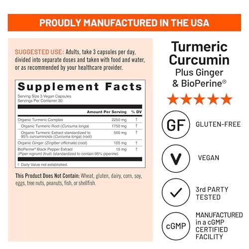NatureWise Curcumin Turmeric 2250mg – Hochdosiert mit 95% Curcuminoiden & BioPerin Schwarzer Pfeffer Extrakt – Tägliche Gelenk- und Immununterstützung – Vegan, Non-GMO, 90 Kapseln (30-Tage-Vorrat)