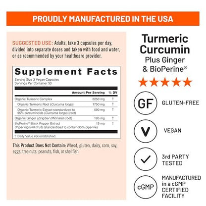 NatureWise Curcumin Turmeric 2250mg – Hochdosiert mit 95% Curcuminoiden & BioPerin Schwarzer Pfeffer Extrakt – Tägliche Gelenk- und Immununterstützung – Vegan, Non-GMO, 90 Kapseln (30-Tage-Vorrat)